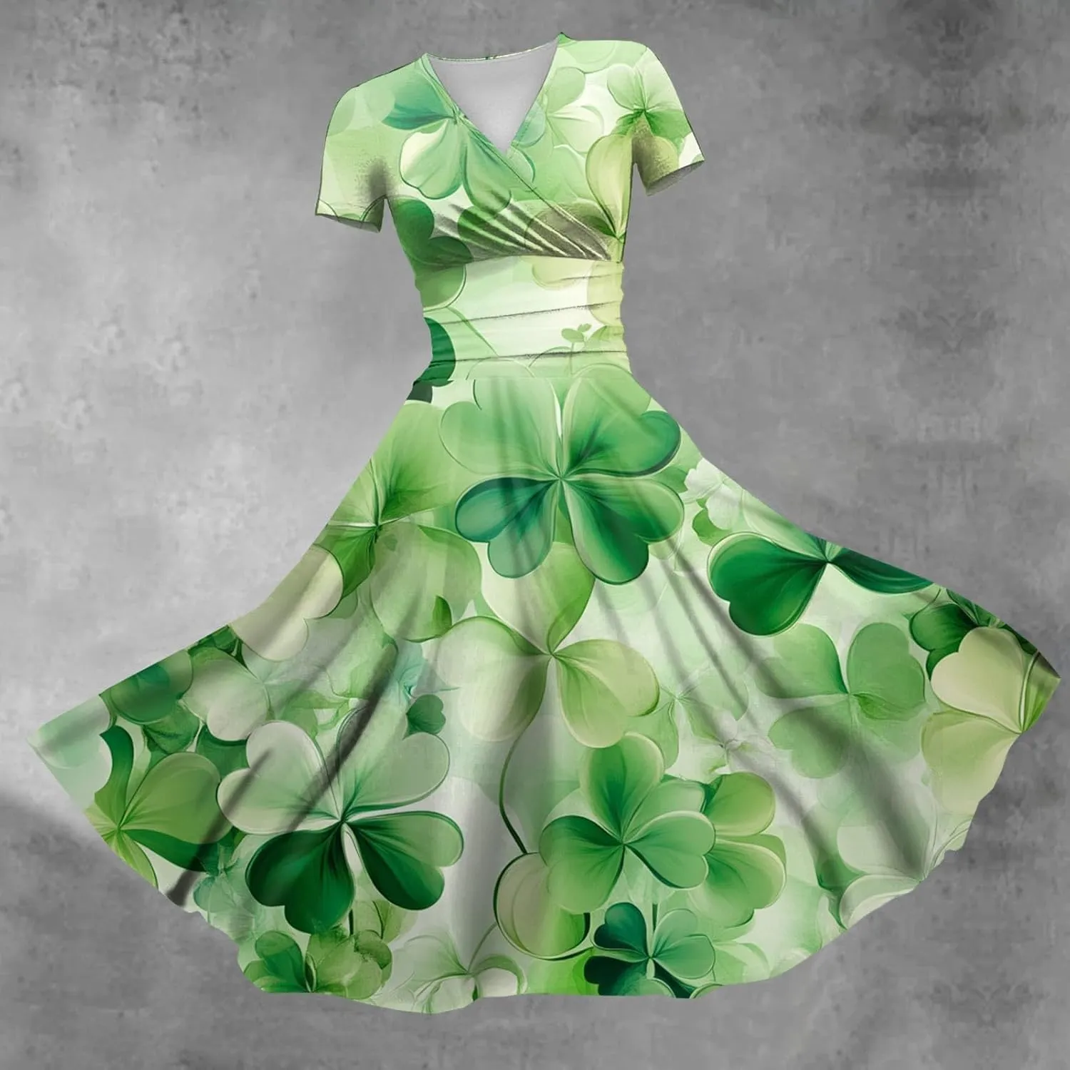 St Patricks Day Dresses for Women Short Sleeve V Neck Princess Pulled Ruffle Shamrock Print Waist Drawstring Dresses