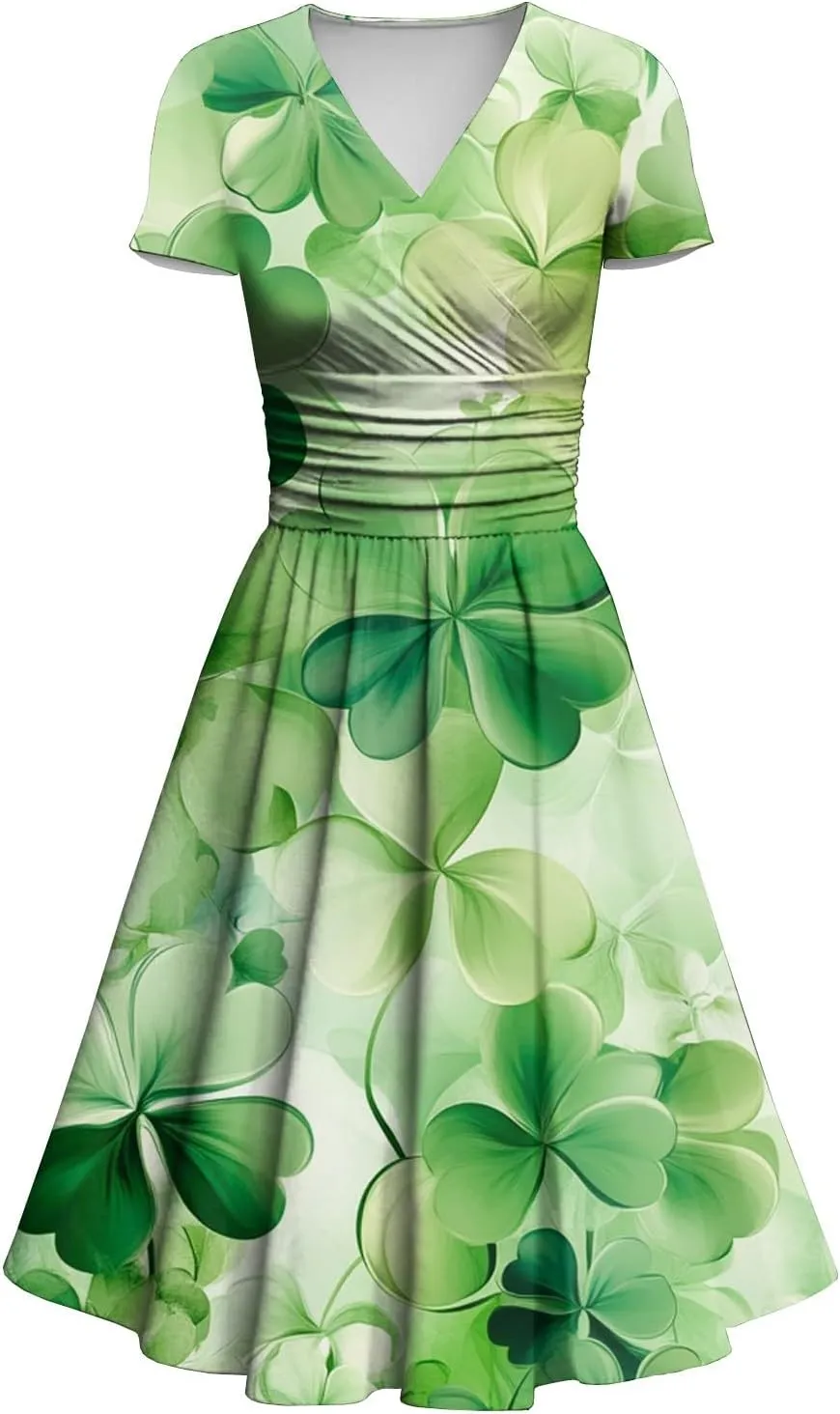 St Patricks Day Dresses for Women Short Sleeve V Neck Princess Pulled Ruffle Shamrock Print Waist Drawstring Dresses