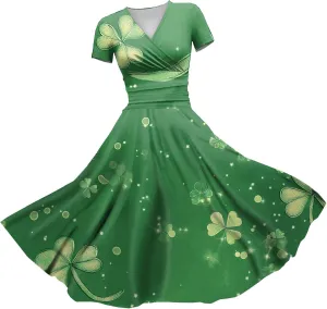 St Patricks Dress Women Dressy Short Sleeve Princess V Neck Pulled Ruffle Shamrock Print Waist Drawstring Sexy Dresses