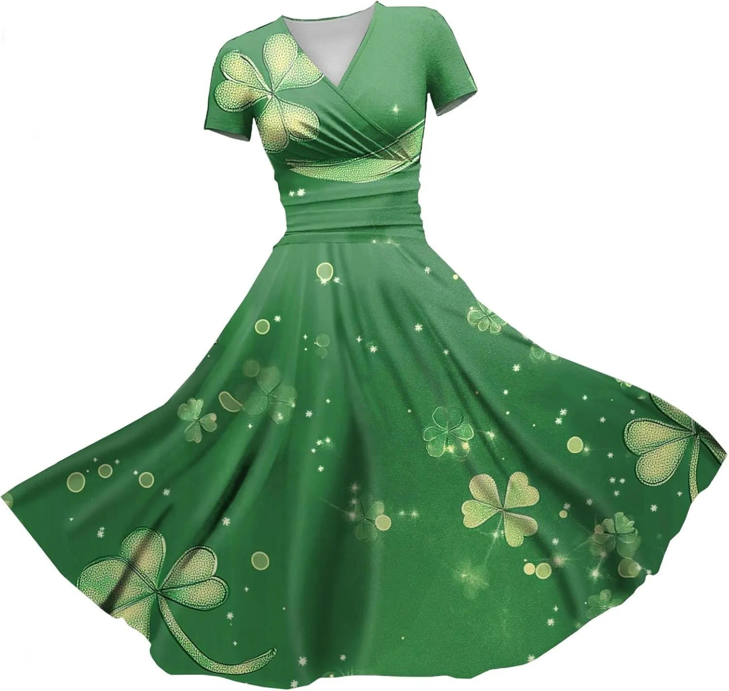 St Patricks Dress Women Dressy Short Sleeve Princess V Neck Pulled Ruffle Shamrock Print Waist Drawstring Sexy Dresses