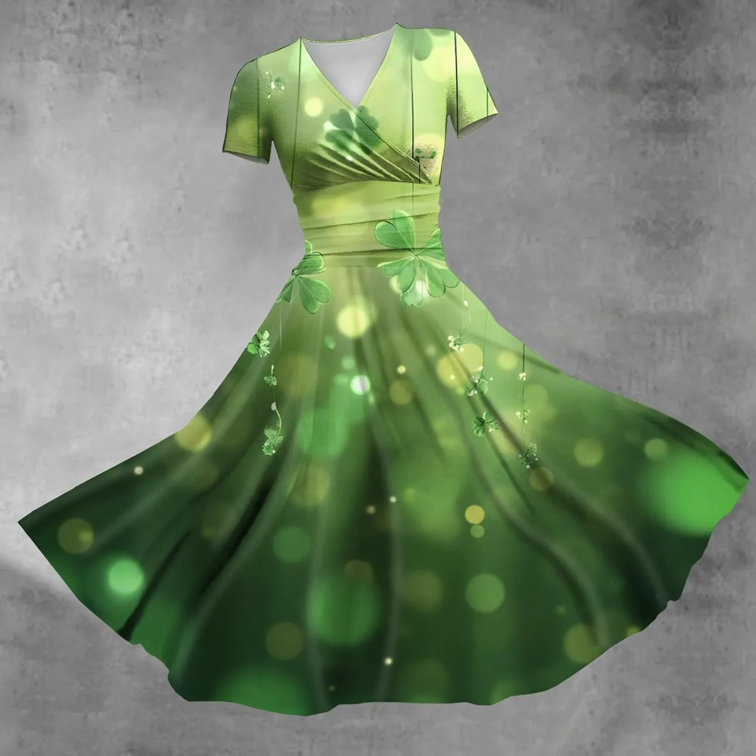 St Patricks Dress Women Dressy Short Sleeve Princess V Neck Pulled Ruffle Shamrock Print Waist Drawstring Sexy Dresses