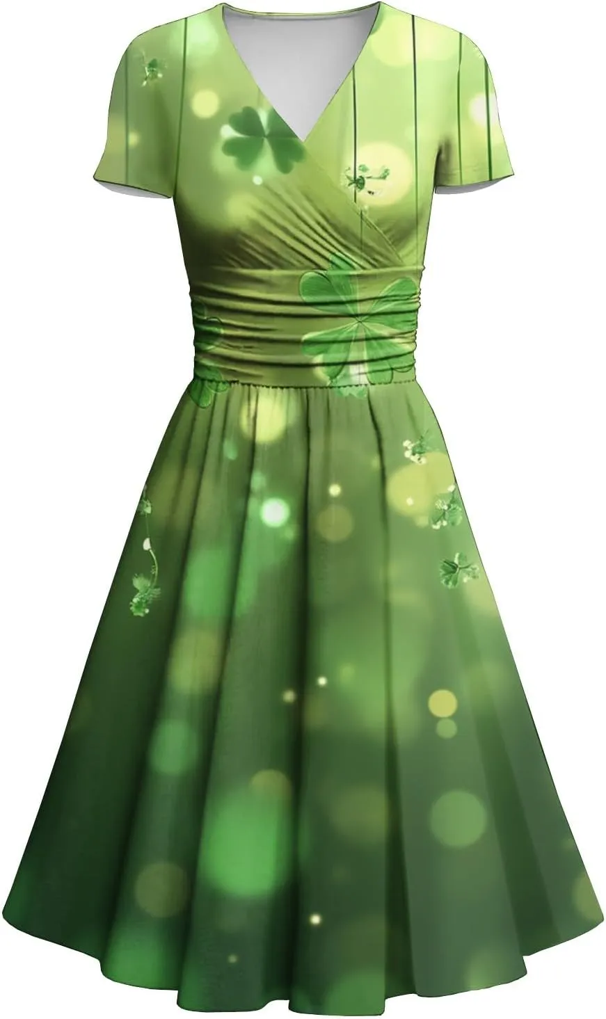 St Patricks Dress Women Dressy Short Sleeve Princess V Neck Pulled Ruffle Shamrock Print Waist Drawstring Sexy Dresses
