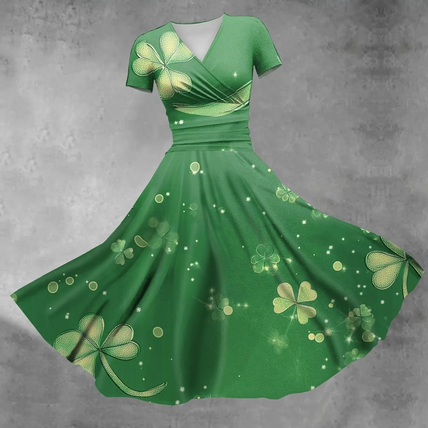 St Patricks Dress Women Dressy Short Sleeve Princess V Neck Pulled Ruffle Shamrock Print Waist Drawstring Sexy Dresses