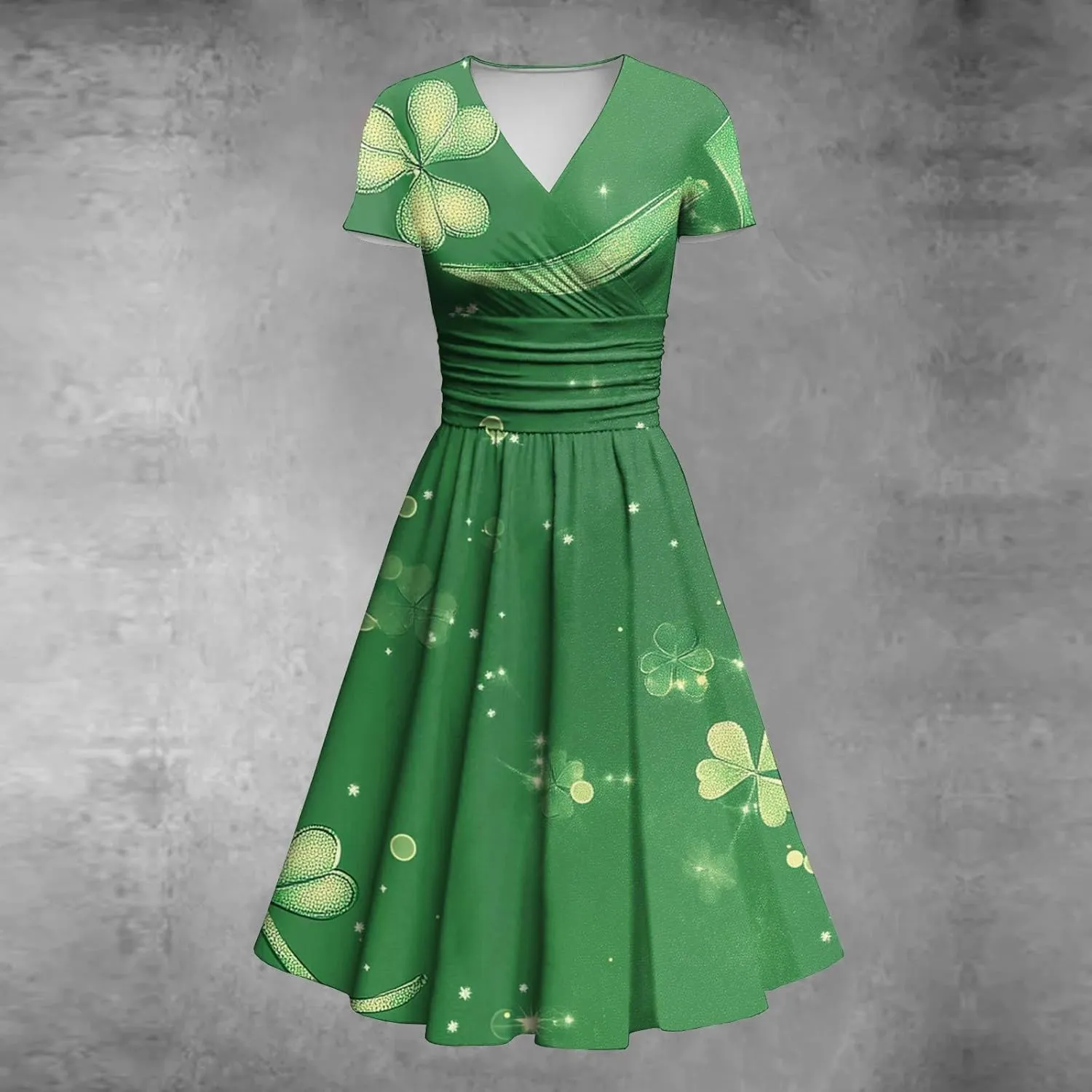St Patricks Dress Women Dressy Short Sleeve Princess V Neck Pulled Ruffle Shamrock Print Waist Drawstring Sexy Dresses