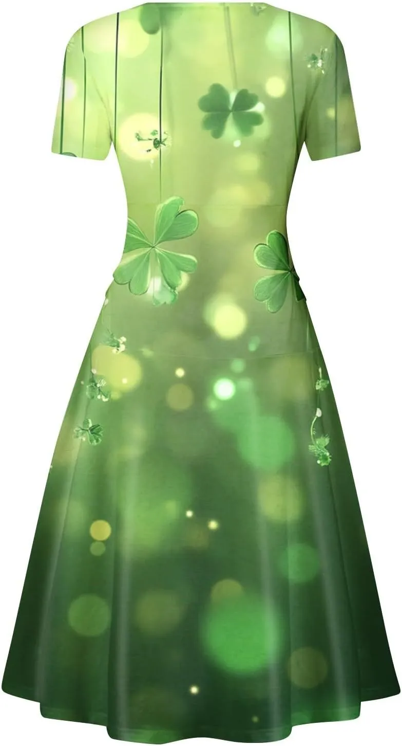 St Patricks Dress Women Dressy Short Sleeve Princess V Neck Pulled Ruffle Shamrock Print Waist Drawstring Sexy Dresses