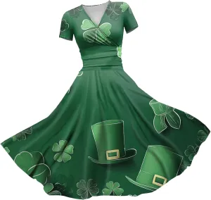 St Patricks Dress Women Dressy Short Sleeve Princess V Neck Pulled Ruffle Shamrock Print Waist Drawstring Sexy Dresses
