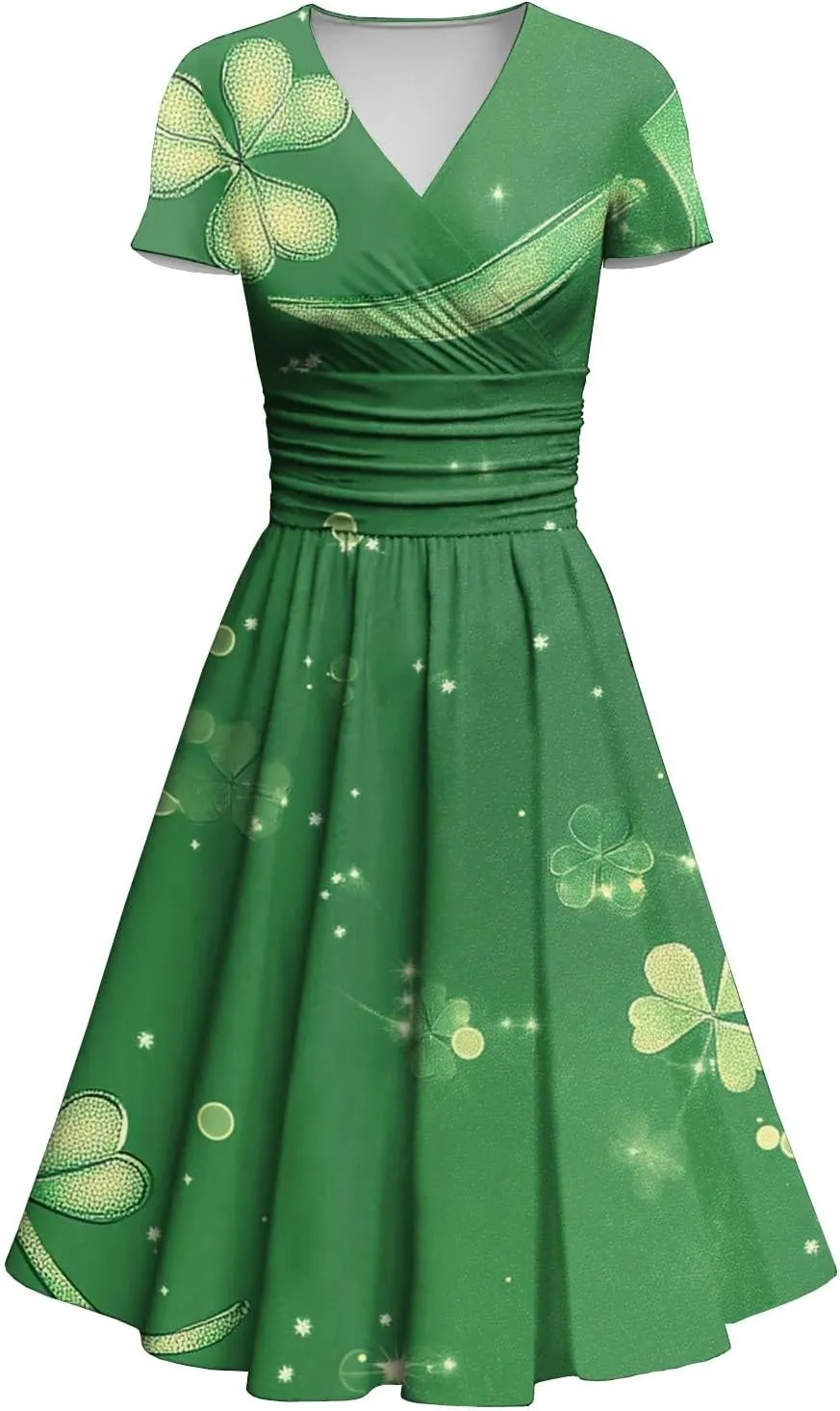 St Patricks Dress Women Dressy Short Sleeve Princess V Neck Pulled Ruffle Shamrock Print Waist Drawstring Sexy Dresses