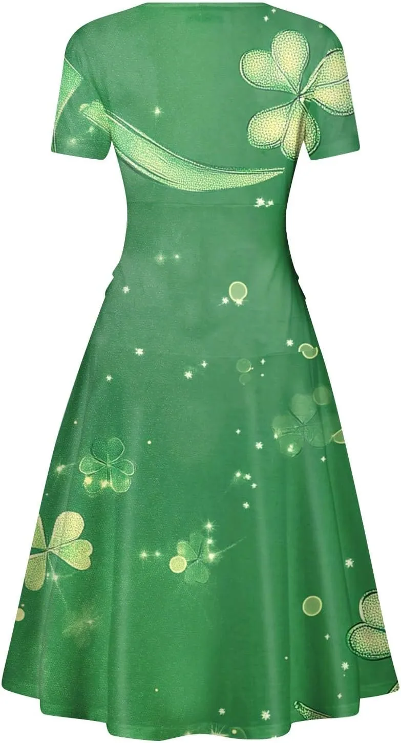 St Patricks Dress Women Dressy Short Sleeve Princess V Neck Pulled Ruffle Shamrock Print Waist Drawstring Sexy Dresses