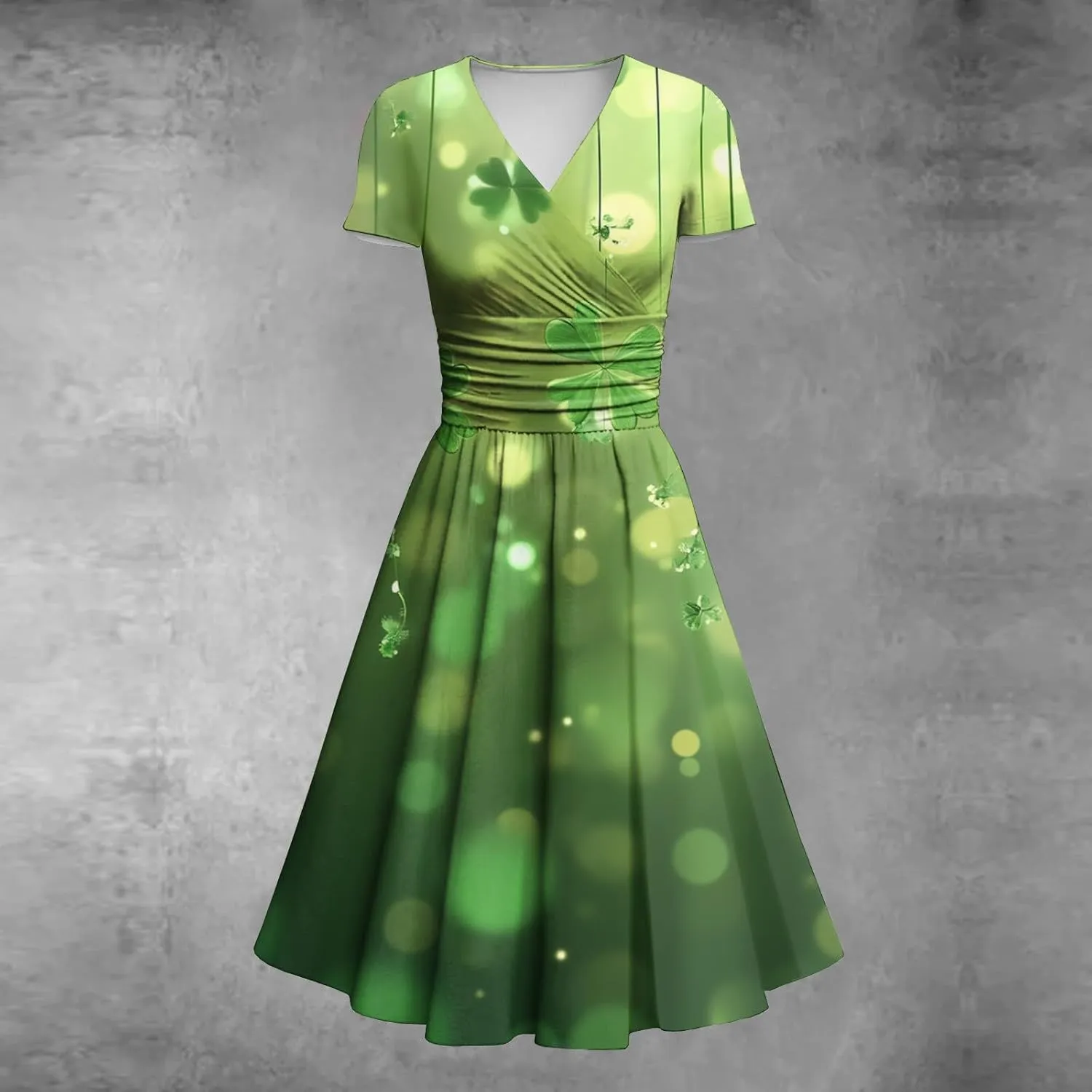 St Patricks Dress Women Dressy Short Sleeve Princess V Neck Pulled Ruffle Shamrock Print Waist Drawstring Sexy Dresses