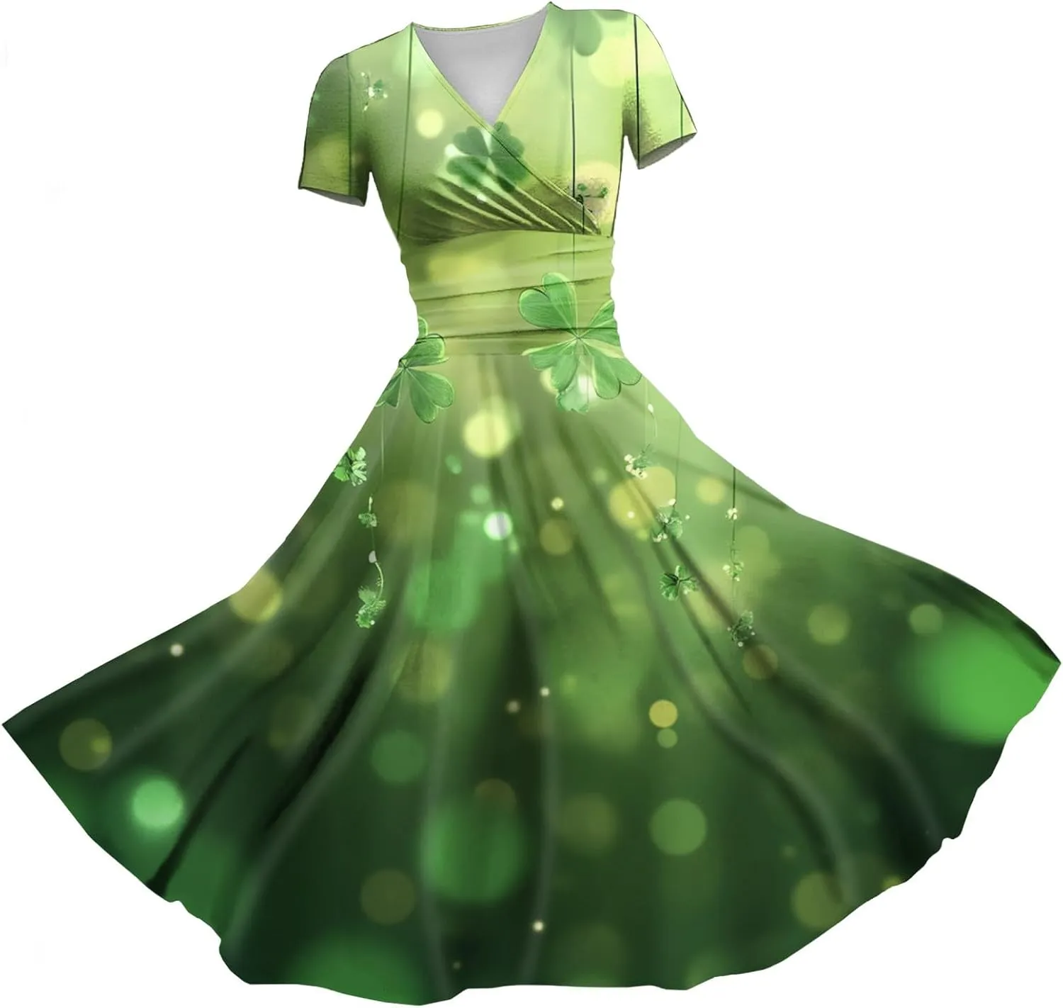 St Patricks Dress Women Dressy Short Sleeve Princess V Neck Pulled Ruffle Shamrock Print Waist Drawstring Sexy Dresses
