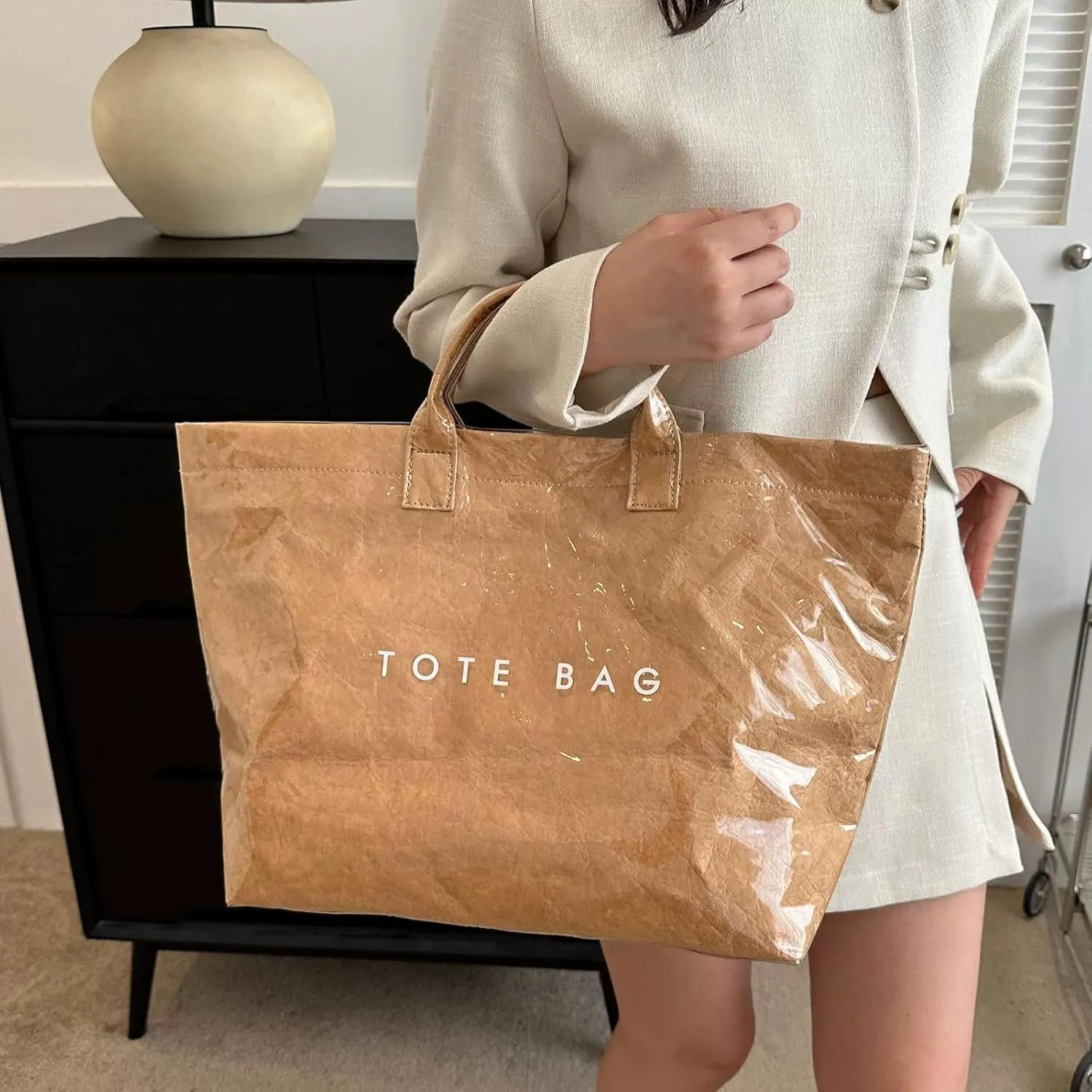 Stellaya Tote Bag, Women's PVC Kraft Paper Tote Bag, Stellaya Womens Letters Print Tote Bags