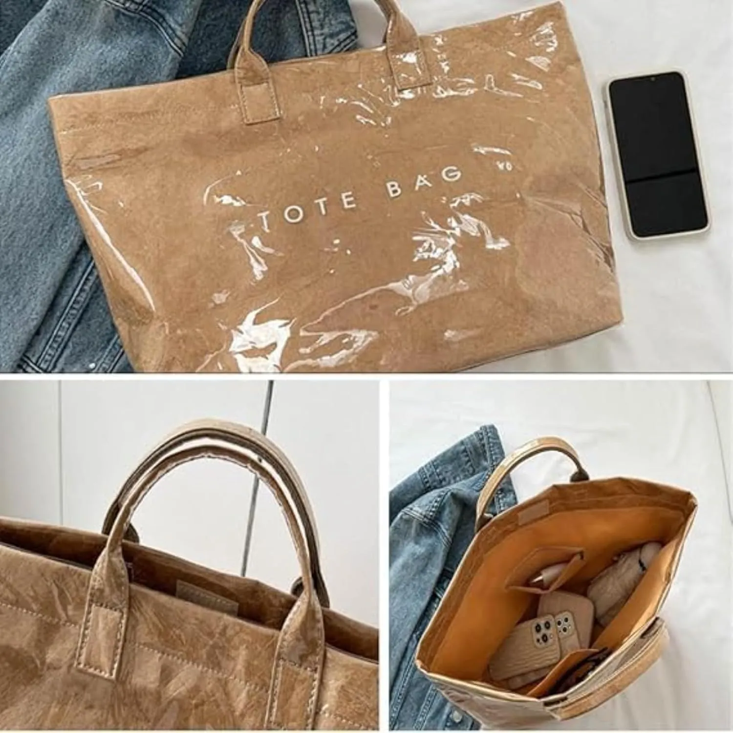 Stellaya Womens Letters Print Tote Bag, Stellaya Fashion Retro Tote Bag,Large Handle PVC Kraft Paper Handbag
