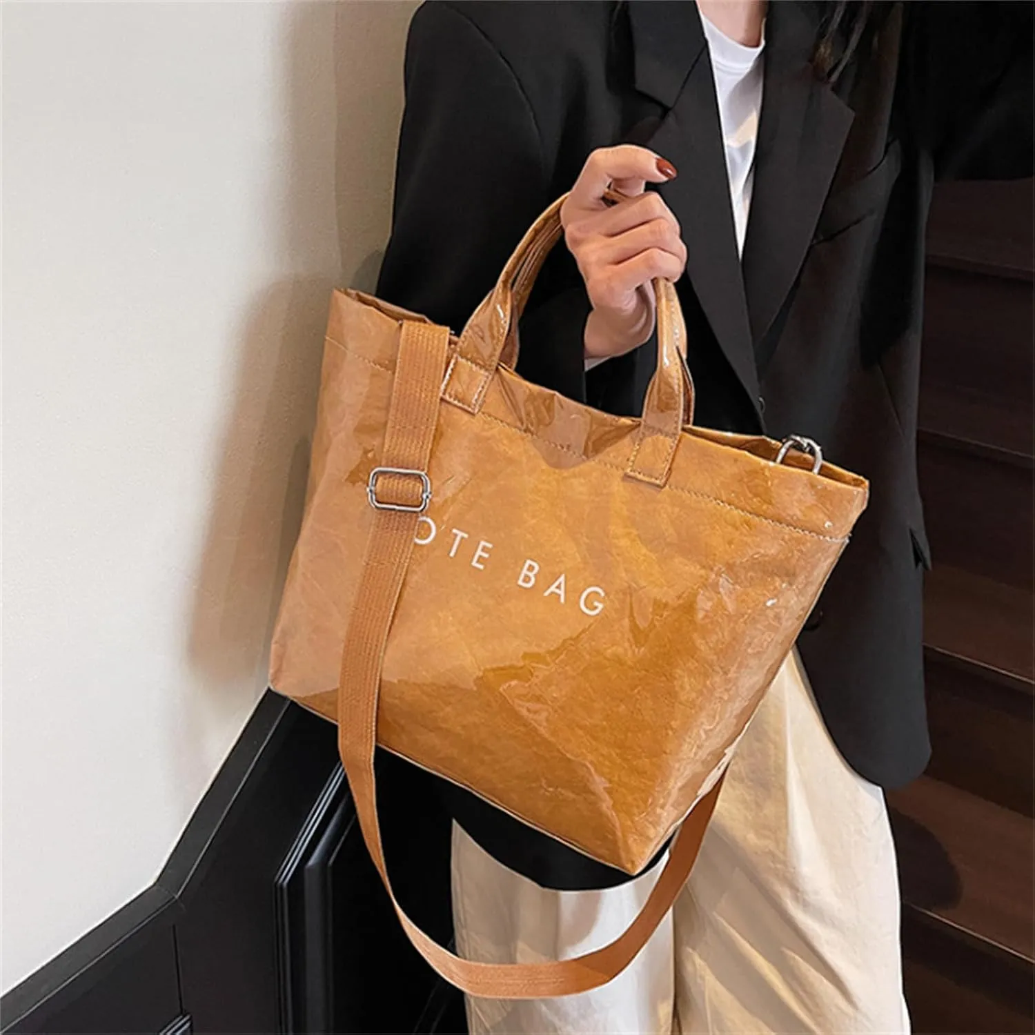 Stellaya Womens Letters Print Tote Bag, Women's PVC Kraft Paper Tote Bag, with Shoulder Strap