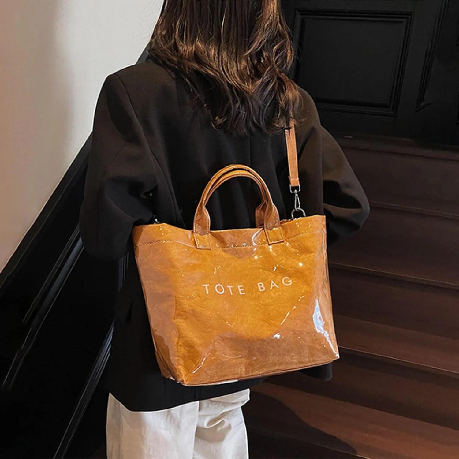 Stellaya Womens Letters Print Tote Bag, Women's PVC Kraft Paper Tote Bag, with Shoulder Strap