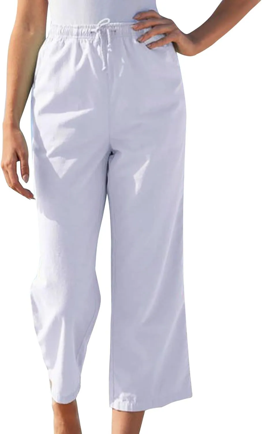 Straight Wide Leg Pants for Women Summer Trendy Cotton Linen Ankle Pants Drawstring Elastic Waist Cropped Trousers