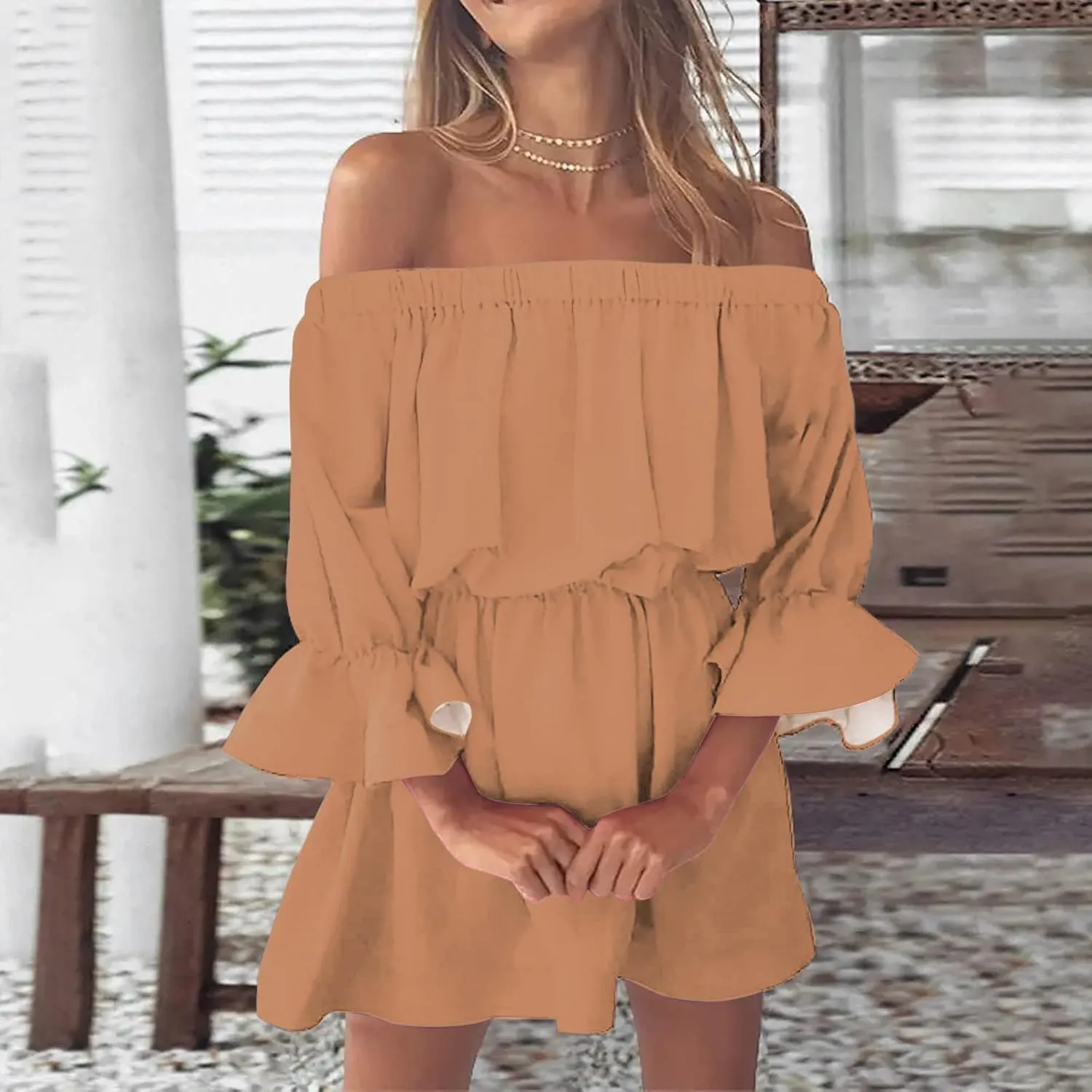 Summer Dresses for Women 2024 Off The Shoulder Ruffle Mini Dress Elastic Waist Long Sleeve Swing Boho Sun Dress