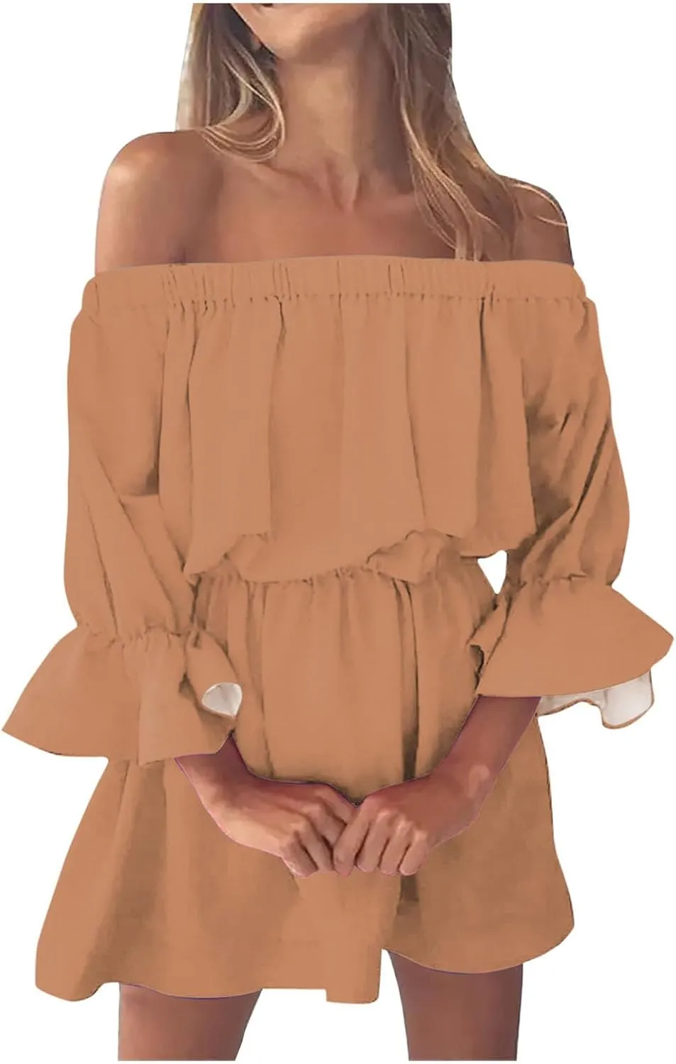 Summer Dresses for Women 2024 Off The Shoulder Ruffle Mini Dress Elastic Waist Long Sleeve Swing Boho Sun Dress