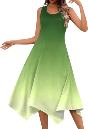 Summer Dresses for Women 2025 Elegant Print Swing Hem Tank Midi Dress Casual Plus Size Sleeveless Crewneck Sundress