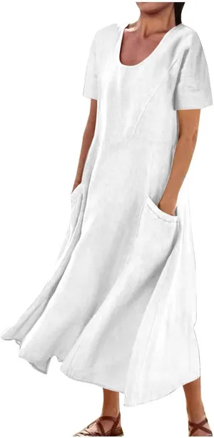 Summer Dresses for Women 2025 Plus Size Short Sleeve Cotton Linen Dress Causal Scoop Neck Ruffle Flowy Beach Sundress