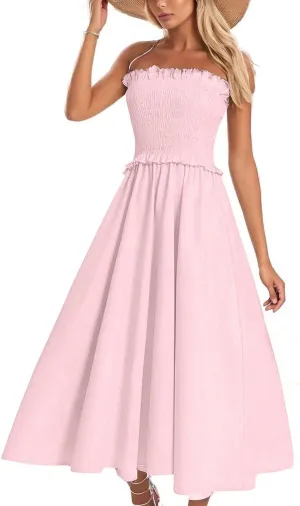 Summer Dresses for Women 2025 Trendy Strapless Beach Sundresses Smocked Waist Maxi A-Line Wedding Guest Tube Dress