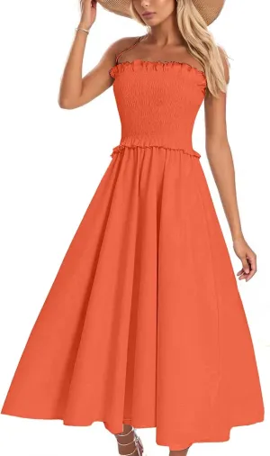 Summer Dresses for Women 2025 Trendy Strapless Beach Sundresses Smocked Waist Maxi A-Line Wedding Guest Tube Dress