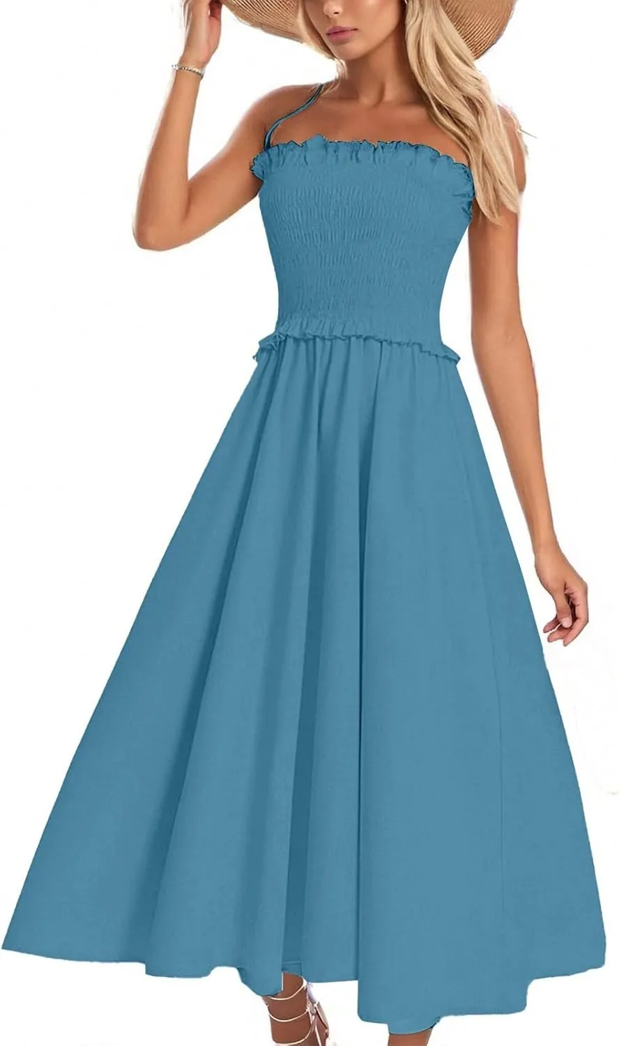 Summer Dresses for Women 2025 Trendy Strapless Beach Sundresses Smocked Waist Maxi A-Line Wedding Guest Tube Dress