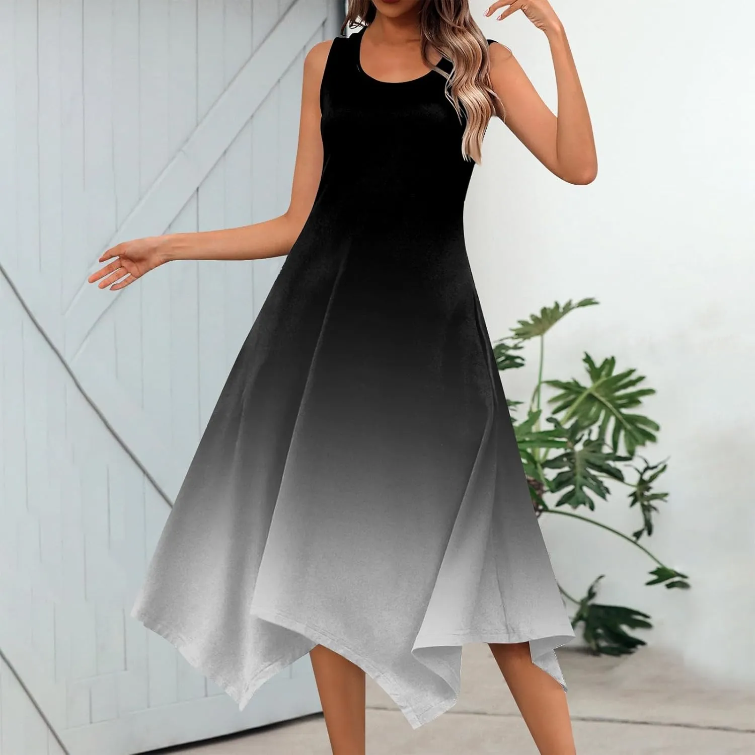 Summer Dresses for Women Elegant Print Swing Hem Tank Midi Dress Casual Plus Size Sleeveless Crew Neck Sundress