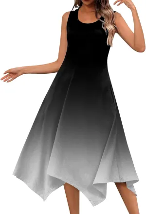 Summer Dresses for Women Elegant Print Swing Hem Tank Midi Dress Casual Plus Size Sleeveless Crew Neck Sundress