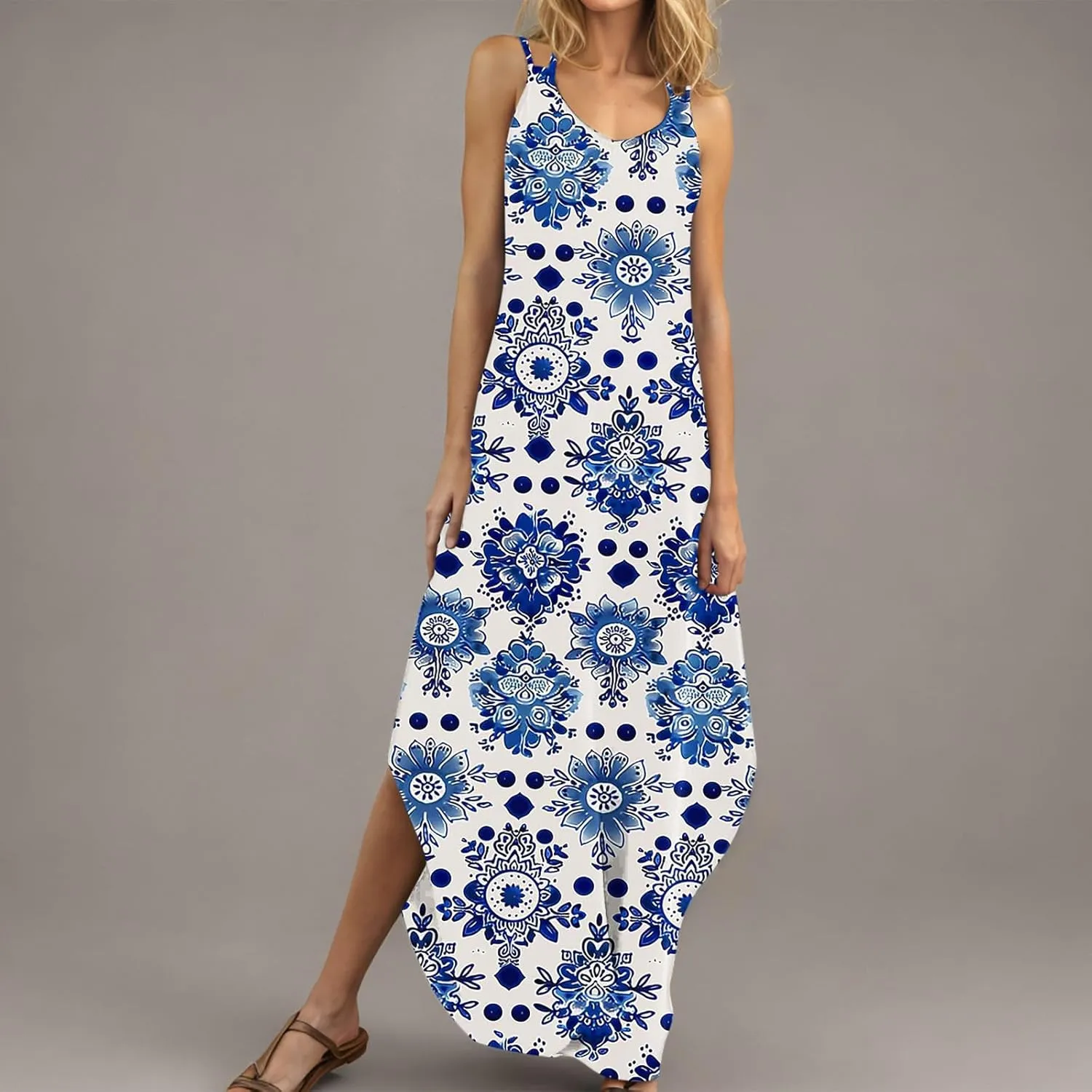 Summer Maxi Long Dresses for Women 2025 Sexy Spaghetti Strap v Neck Split Dress Casual Beach Sundress Vacation Outfits