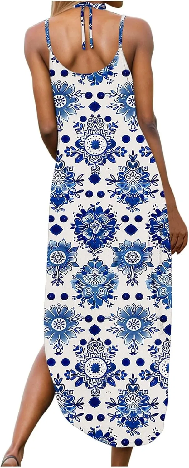 Summer Maxi Long Dresses for Women 2025 Sexy Spaghetti Strap v Neck Split Dress Casual Beach Sundress Vacation Outfits