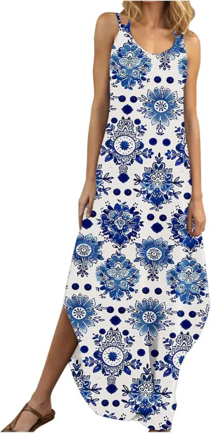 Summer Maxi Long Dresses for Women 2025 Sexy Spaghetti Strap v Neck Split Dress Casual Beach Sundress Vacation Outfits