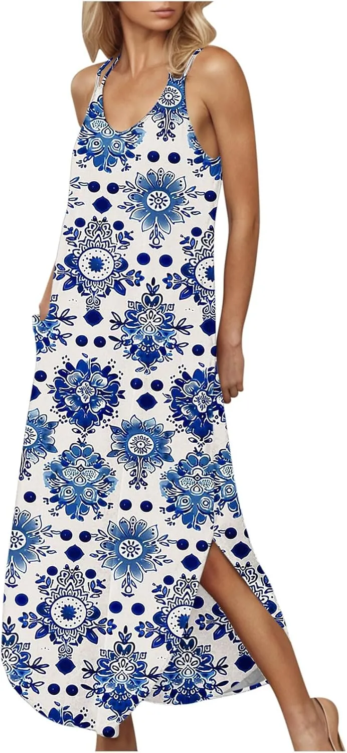 Summer Maxi Long Dresses for Women 2025 Sexy Spaghetti Strap v Neck Split Dress Casual Beach Sundress Vacation Outfits