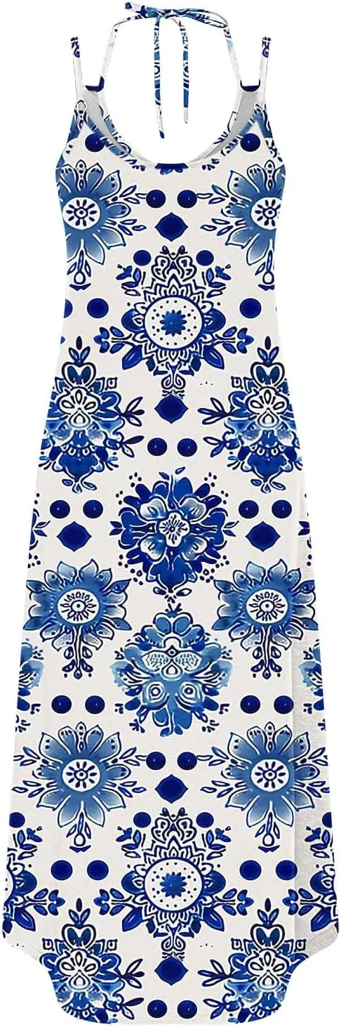 Summer Maxi Long Dresses for Women 2025 Sexy Spaghetti Strap v Neck Split Dress Casual Beach Sundress Vacation Outfits
