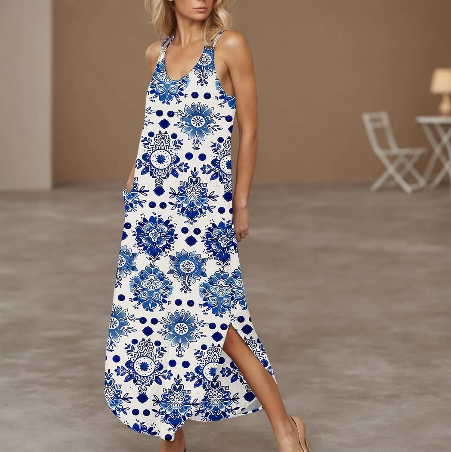 Summer Maxi Long Dresses for Women 2025 Sexy Spaghetti Strap v Neck Split Dress Casual Beach Sundress Vacation Outfits