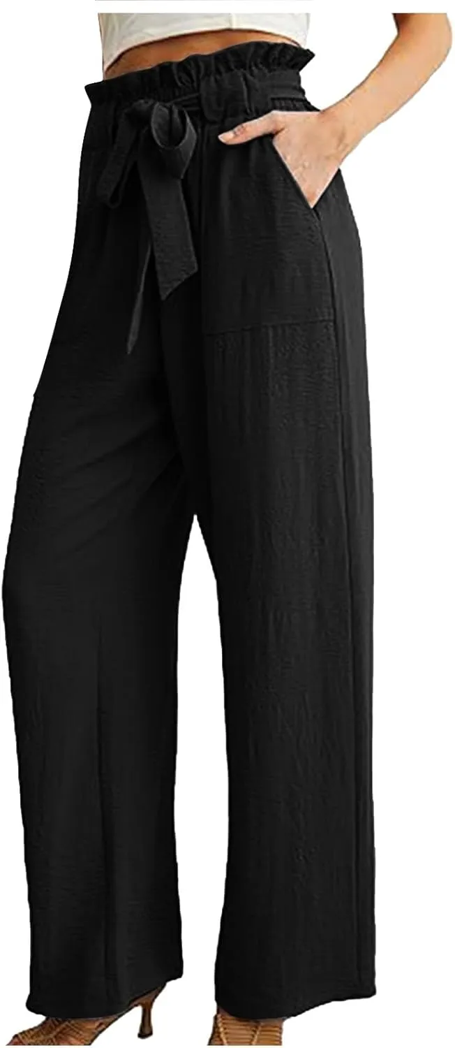 Summer Pants For Women 2024 Trendy Petite High Waist Palazzo Linen Wide Leg Sweatpant Tie Business Lounge Trouser