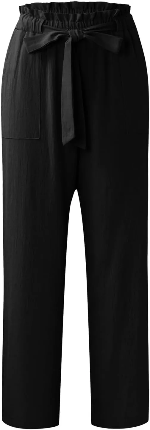 Summer Pants For Women 2024 Trendy Petite High Waist Palazzo Linen Wide Leg Sweatpant Tie Business Lounge Trouser