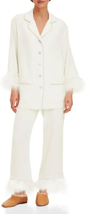 Tankaneo Womens Feather trim Pajama Sets Button Down Long Sleeve Tops Wide Leg Pants Pj Set Soft Sleepwear