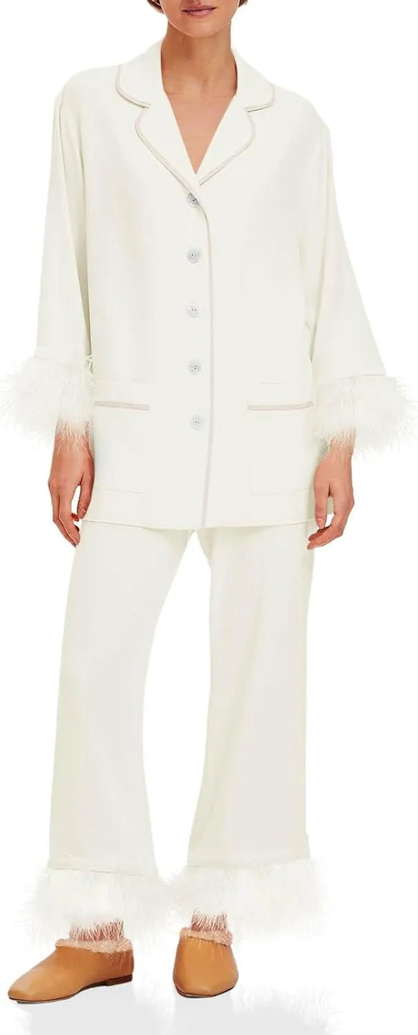 Tankaneo Womens Feather trim Pajama Sets Button Down Long Sleeve Tops Wide Leg Pants Pj Set Soft Sleepwear