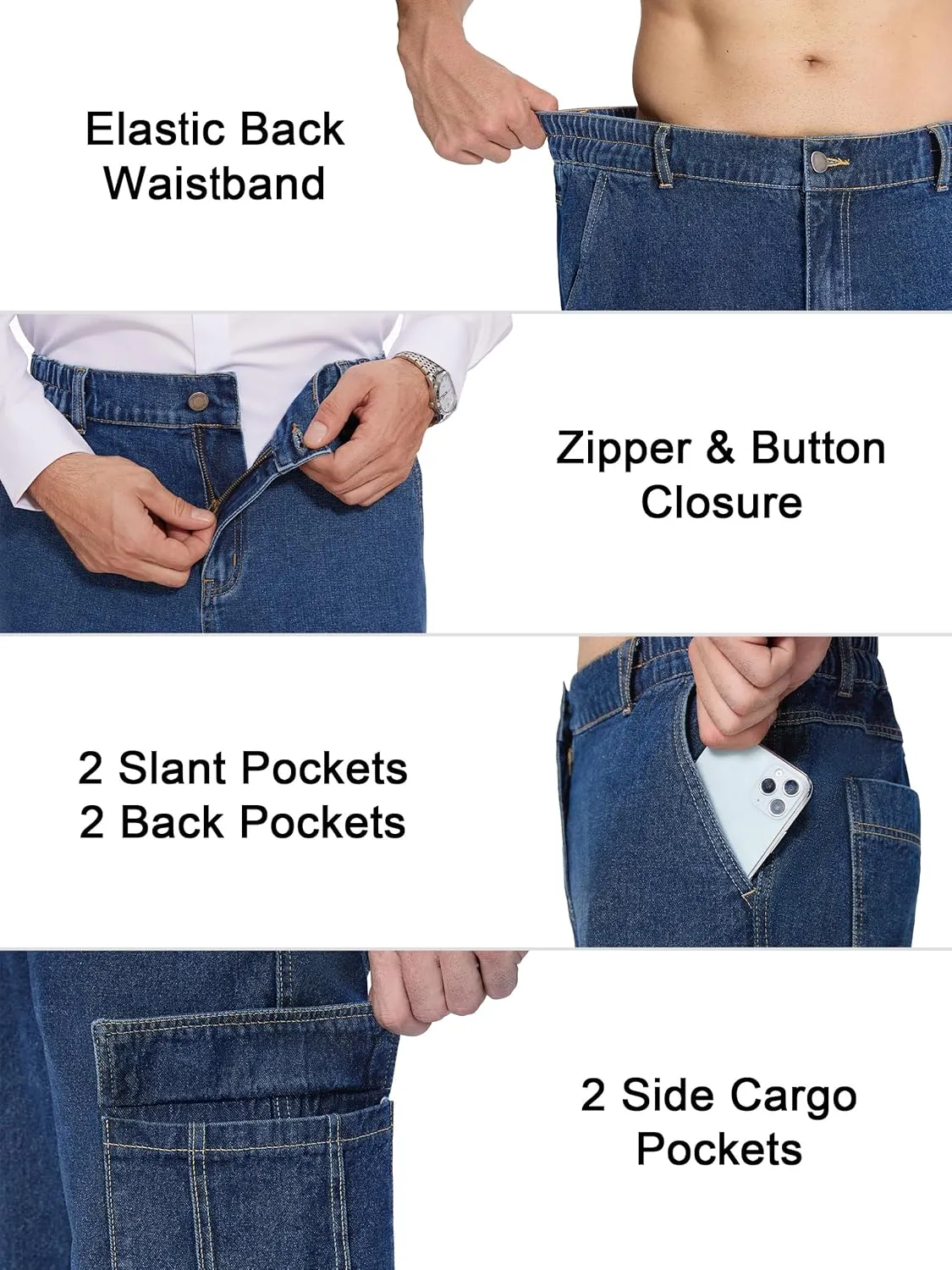 Tapata Men's Relaxed Fit Cargo Jeans Elastic Waist 6 Pockets Straight Leg Work Utility Pants