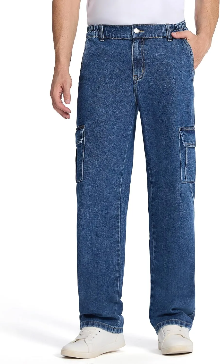 Tapata Men's Relaxed Fit Cargo Jeans Elastic Waist 6 Pockets Straight Leg Work Utility Pants