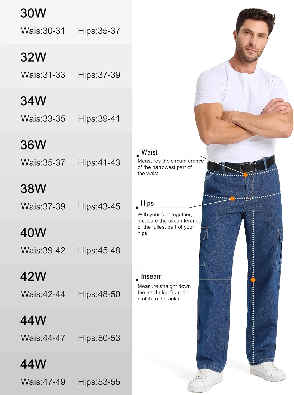 Tapata Men's Relaxed Fit Cargo Jeans Elastic Waist 6 Pockets Straight Leg Work Utility Pants