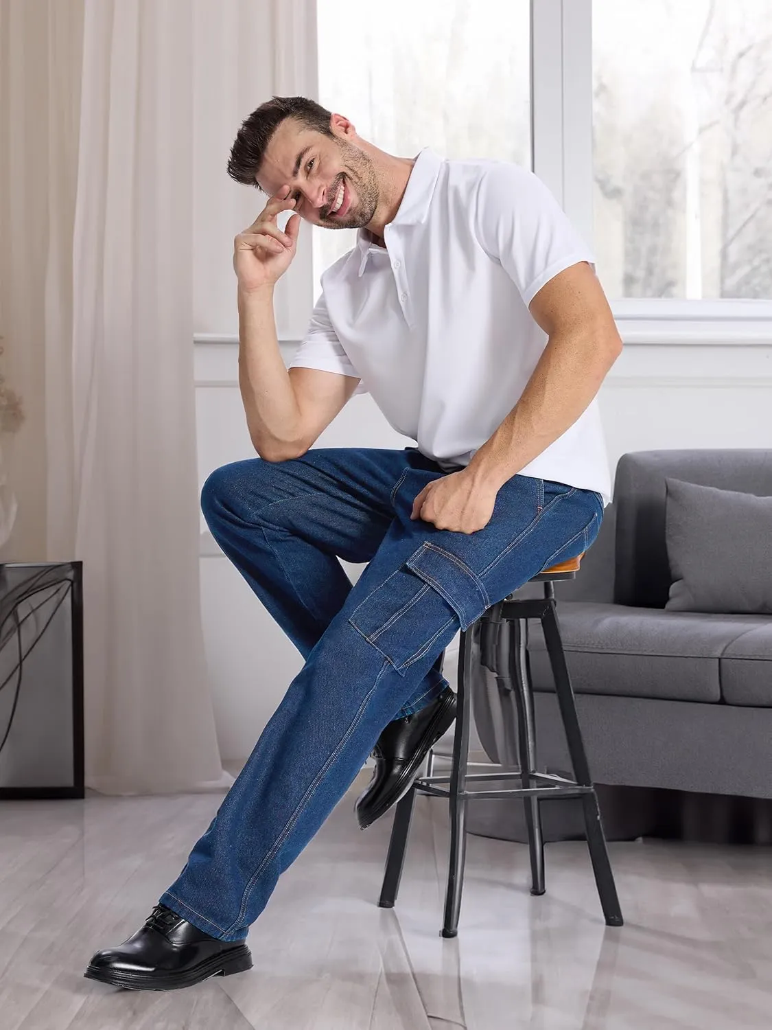 Tapata Men's Relaxed Fit Cargo Jeans Elastic Waist 6 Pockets Straight Leg Work Utility Pants
