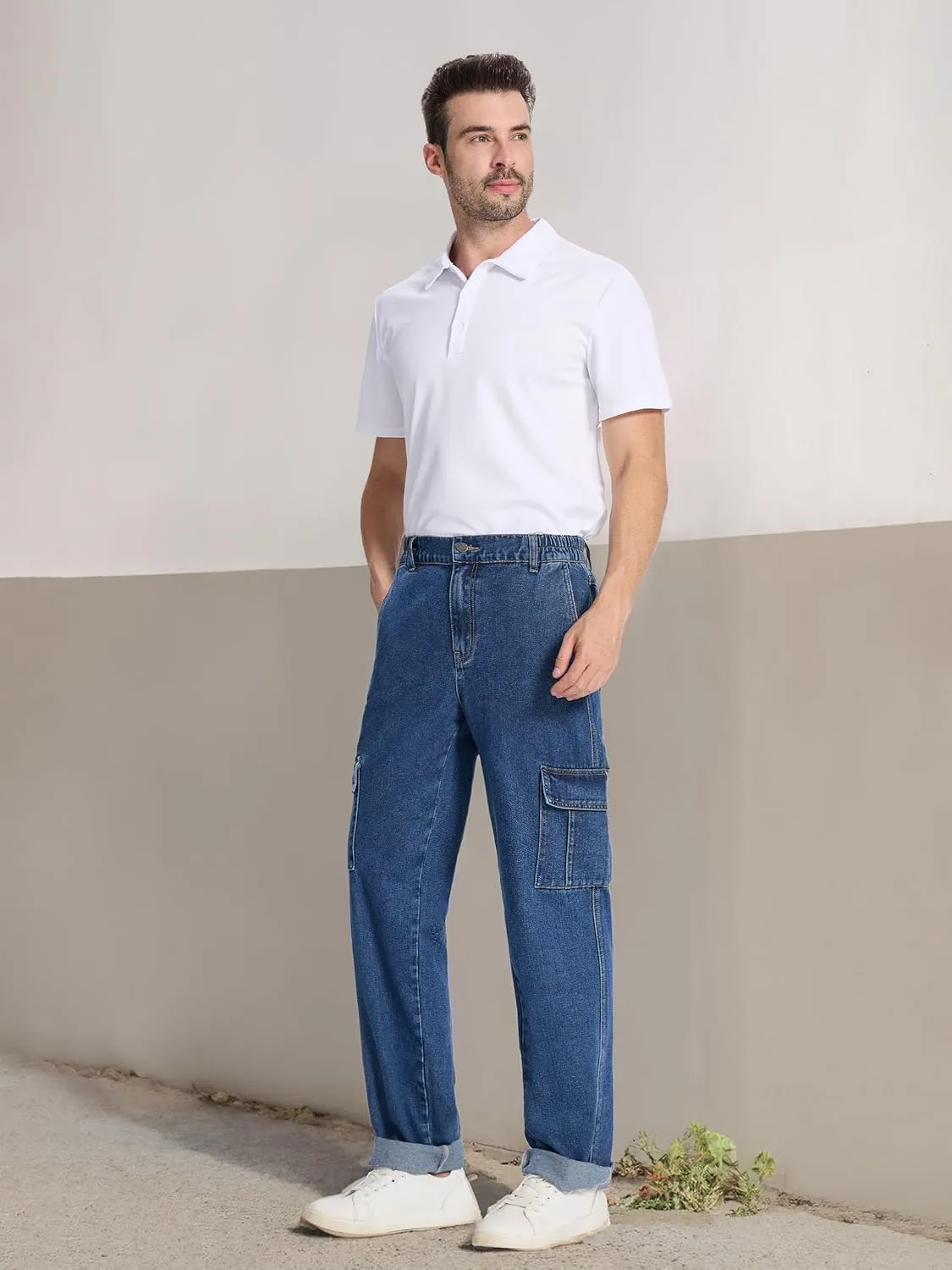 Tapata Men's Relaxed Fit Cargo Jeans Elastic Waist 6 Pockets Straight Leg Work Utility Pants