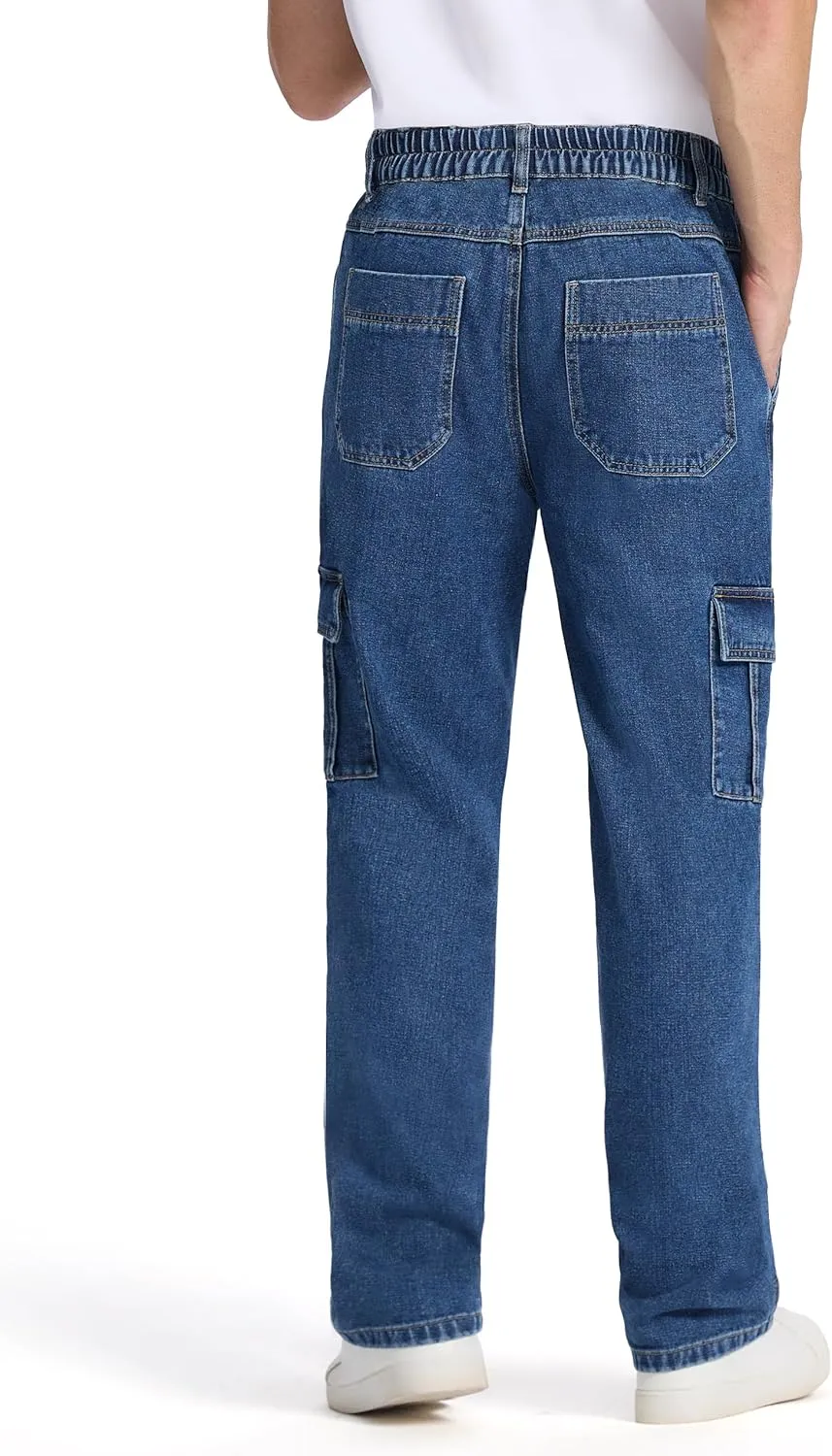 Tapata Men's Relaxed Fit Cargo Jeans Elastic Waist 6 Pockets Straight Leg Work Utility Pants