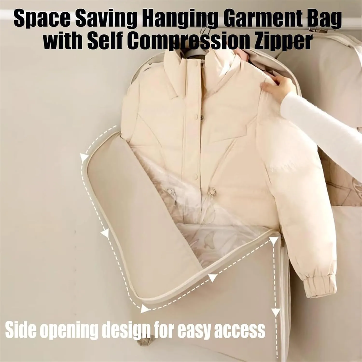 Taprinferior Hanging Garment Bag,Tapinterior Garment Bag,Space Saving Hanging Garment Bags with Self Compression Zipper,Space Saver Closet Organizers,Dust Cover Clothes Bags (Beige, M)