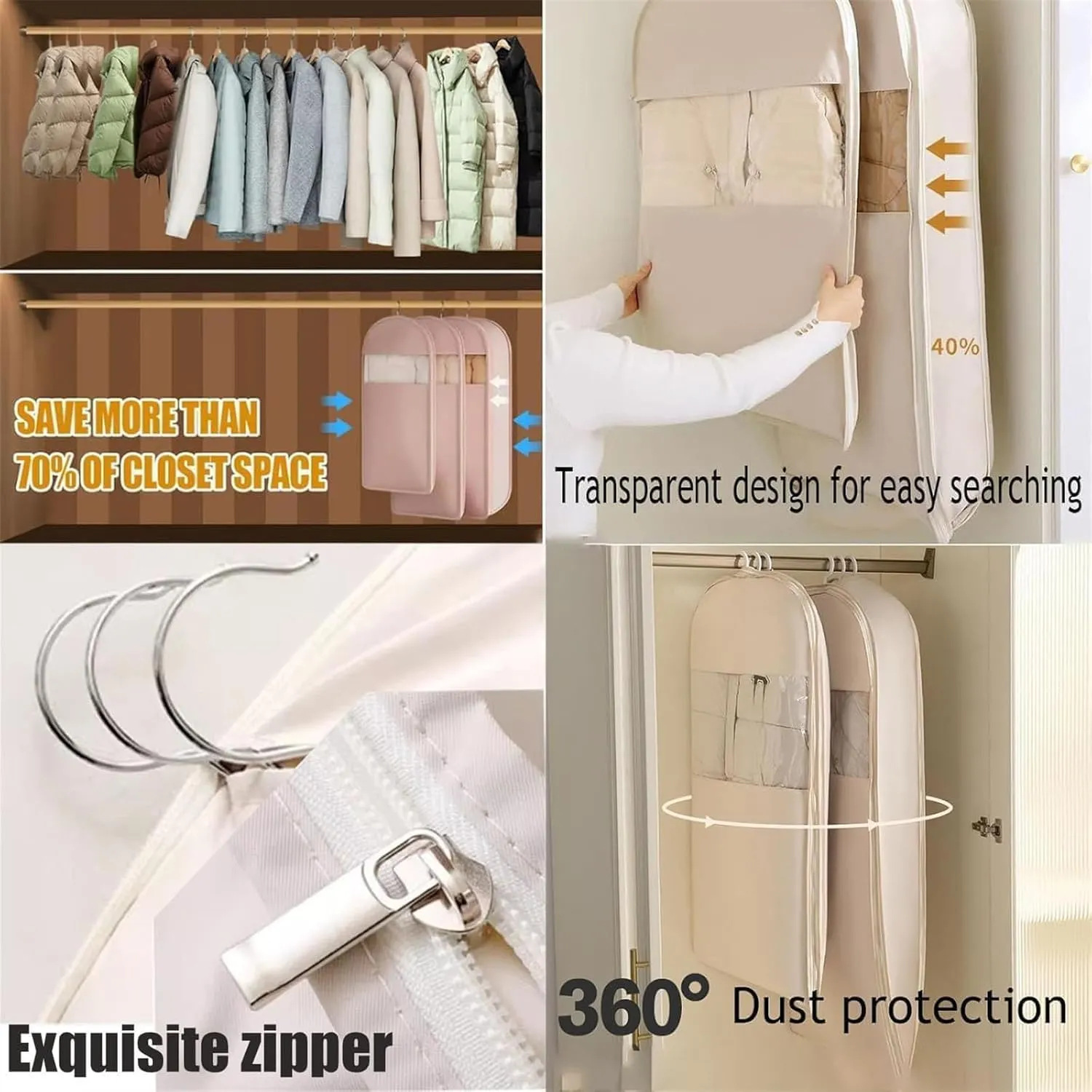 Taprinferior Hanging Garment Bag,Tapinterior Garment Bag,Space Saving Hanging Garment Bags with Self Compression Zipper,Space Saver Closet Organizers,Dust Cover Clothes Bags (Beige, M)