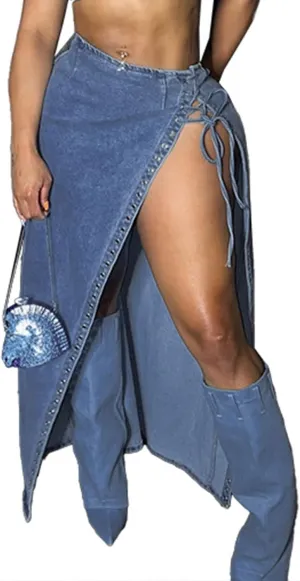 Tcremisa Womens Sexy Lace Up Denim Skirt Y2k Casual High Waisted Drawstring Split Maxi Long Jeans Skirts