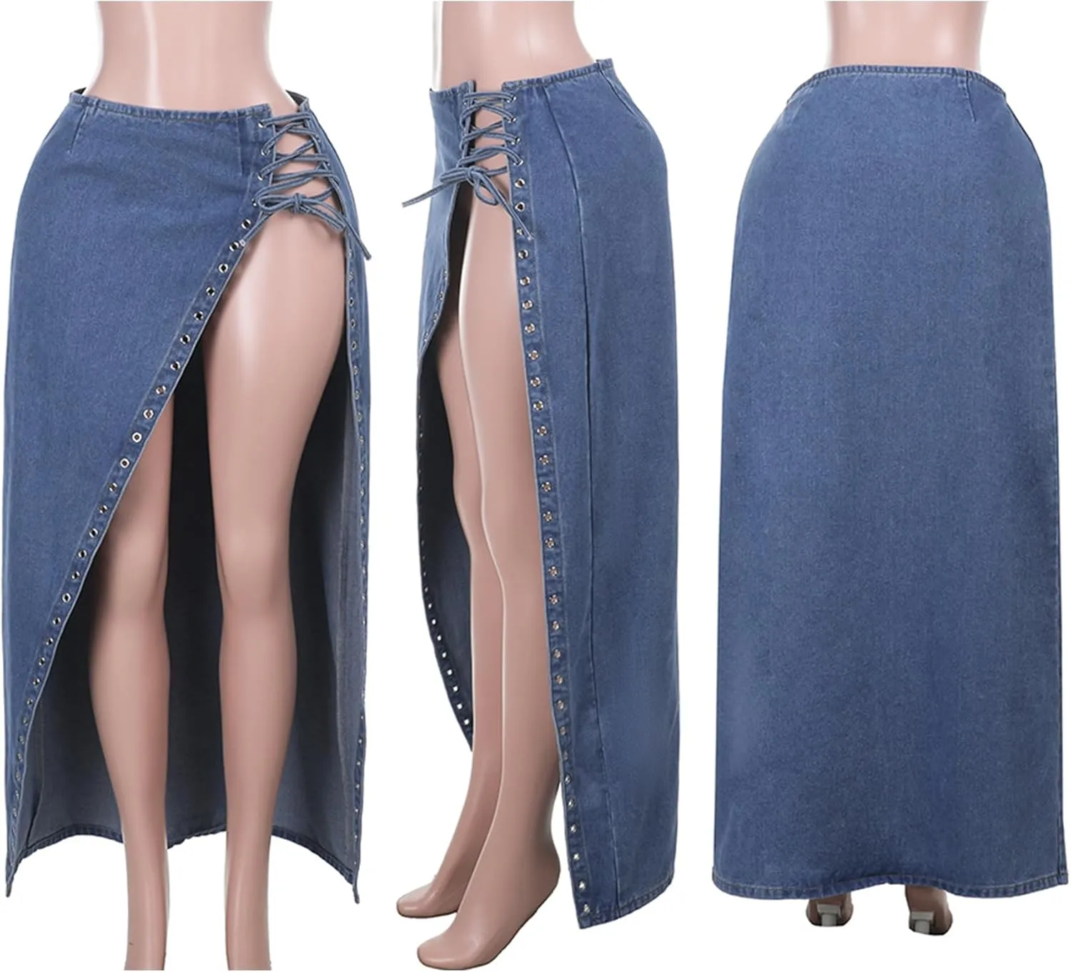 Tcremisa Womens Sexy Lace Up Denim Skirt Y2k Casual High Waisted Drawstring Split Maxi Long Jeans Skirts