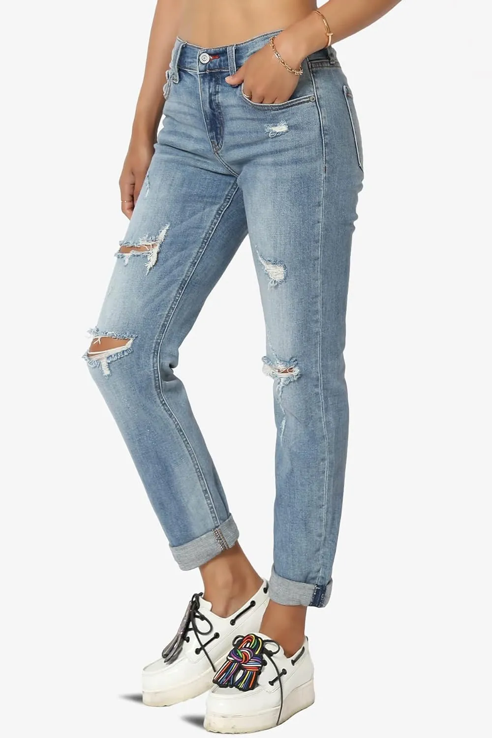 TheMogan Women's Distressed Destructed Washed Denim Mid~High Rise Relaxed Boyfriend Jeans