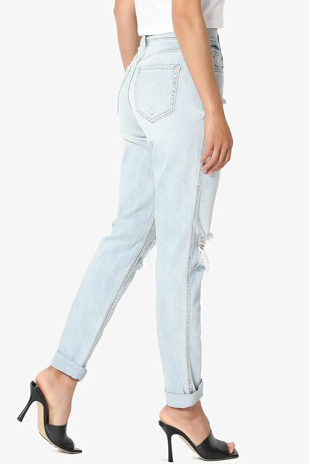 TheMogan Women's Distressed Destructed Washed Denim Mid~High Rise Relaxed Boyfriend Jeans